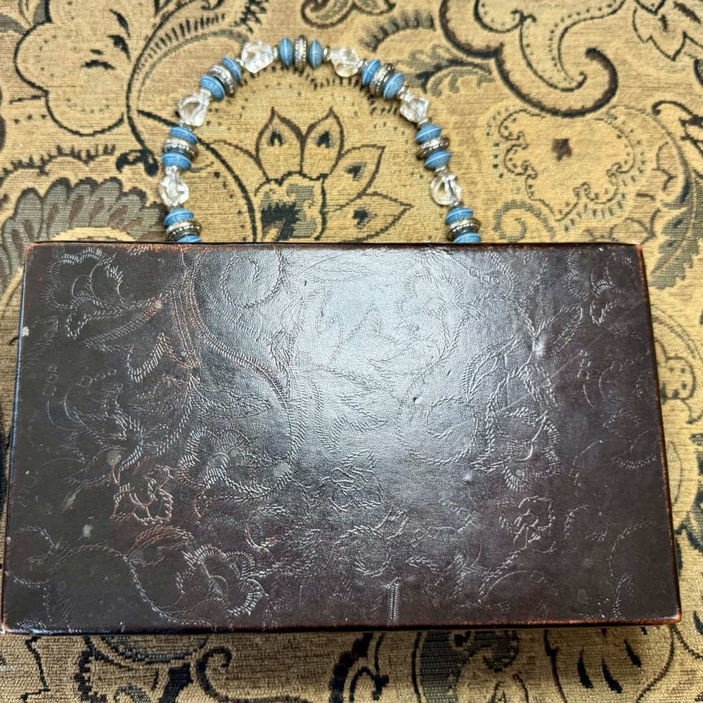 Hand Crafted Brown and Blue Mini Bag with Textured Finish and Beaded Handle